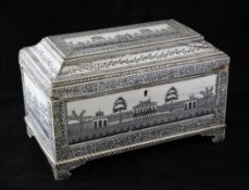 A 19th century Anglo Indian Vizagapatam three division tea caddy, decorated with architectural