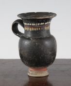 A Greek Gnathian ware thistle mug, c. 4th century B.C., black-glazed with coloured slip borders,