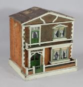 A late 19th century box back two storey doll`s house, with two windows and two doors, includes a