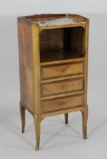 A late 19th century French kingwood and marble top bedside chest, with three drawers, W.1ft 2in.