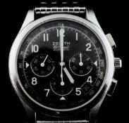 A gentleman`s stainless steel Zenith El Primero automatic chronograph wrist watch, the black