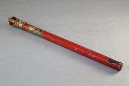 A 19th century painted tipstaff, carved with a coronet finial and painted with the Lewes coat of