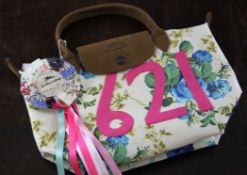 A Longchamp Tracy Emin designed handbag, with floral fabric stitched 1621 and `Always Me` 13 x 9in.