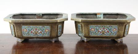 A pair of Chinese gilt bronze and cloisonne enamel planters, 19th century, each of canted