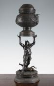 A Japanese bronze figural vase, Meiji period, the globular vase cast in relief with a dragon on a