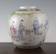 A Chinese famille rose globular jar, printed Kangxi mark, 20th century, painted with a lady in a
