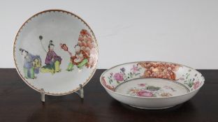 Two Chinese export famille rose saucer dishes, Qianlong period, one painted with immortals, 4.