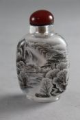 A Chinese inside painted glass snuff bottle, decorated with a spring mountainous river landscape