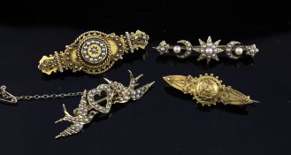 A George V 15ct gold, diamond and split pearl set bar brooch, two others similar unmarked and a late