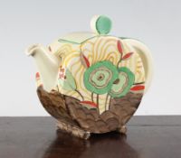 A Clarice Cliff `Chestnut` pattern Bonjour shaped teapot, facsimile signature mark, 6.8in.