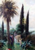 French Schooloil on canvas,Figures beside a lake,indistinctly signed,39 x 28in.