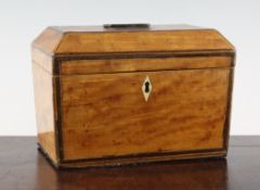 A 19th century satinwood and rosewood banded tea caddy, with canted top and tapered body, 8in.