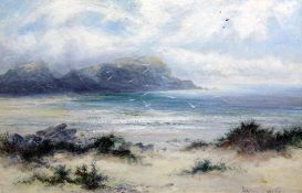 William Langley (1852-1922)oil on canvas,Coastal landscape with gulls flying above the beach,