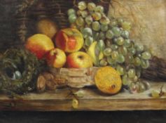 19th century English Schooloil on canvas,Still life of fruit and birds nest on a ledge,12 x 16in.