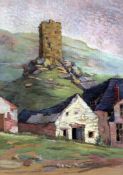 Follower of Paul Henry (1876-1958)pastel on wooden panel,Landscape with tower house and buildings,