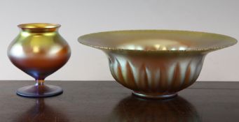 A WMF Myra iridescent glass bowl and a similar vase, 1930`s, the bowl with fluted base, 9.75in., the
