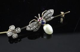 A Victorian gold, diamond, ruby sapphire and baroque pearl set bug and flower bar brooch, 2in.