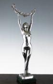 A 1930`s chromed spelter figure of a nude woman, supporting a floral wreath, formerly a mirror base,