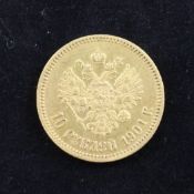 A Russian 1901 10 ruble gold coin.