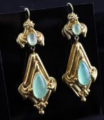 A pair of Victorian style gold and cabochon jadeite drop earrings, of lozenge design with scroll