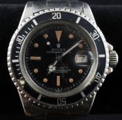 A gentleman`s early 1970`s stainless steel Rolex Oyster Perpetual Date Submariner wrist watch, the