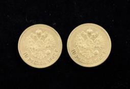 Two Russian 1902 10 ruble gold coins.