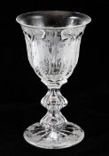 A Victorian cut glass goblet, mid 19th century, the panel cut bowl wheel engraved with fruiting