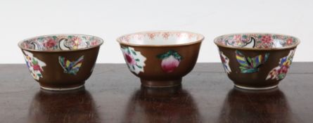 Three Chinese famille rose Batavia ware teabowls, 18th century, two painted with leaf shaped