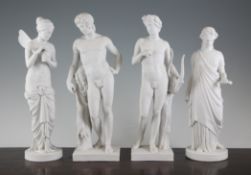 Four Copenhagen biscuit porcelain Greek classical figures, 19th century, comprising two nude male