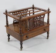 A Victorian walnut and satinwood inlaid Canterbury, with single base drawer, on turned legs, W.1ft