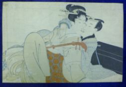 Kikukawa Eizan (1787-1867)woodblock print,Shunga,Unframed; 9.5 x 14.5in.