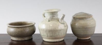 A Chinese Yingqing jar and cover, Song Dynasty, 3.5in., a Yingqing style water pot, 4.25in. and Guan