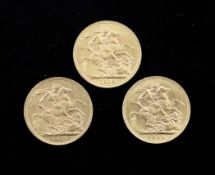 Three George V gold sovereigns, 1911, 1913 & 1921.