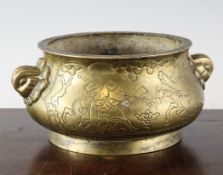A Chinese polished bronze large censer, Xuande seal mark but late 19th century, engraved and