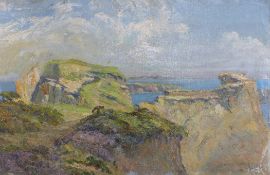 Arthur Bowmar Porter (fl. 1898-1934)oil on canvas laid on board,`Rocks at Platt Fougere, Guernsey`,