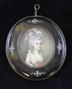 English School c.1900oil on ivory,Miniature of an 18th century lady,2.25 x 2in.