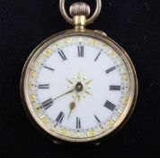 An early 20th century Swiss 18ct gold keyless fob watch, with foliate engraved case and Roman dial