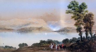 George Lothian Hall (1825-1888)watercolour,Riders before a lake,signed and dated 1860,12.5 x 23in.