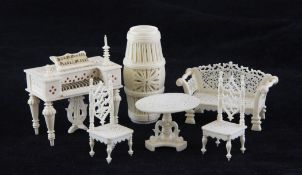 A 19th century French carved bone and ivory miniature harlequin salon suite, comprising a square