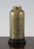 A Japanese Satsuma pottery millefleur cylindrical vase, Meiji period, unsigned, 3.5in.; wood stand