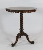 A Victorian octagonal walnut tripod wine table, with ropetwist column and scroll legs, W.2ft