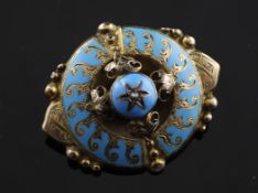 A Victorian gold, blue enamel and seed pearl locket brooch, of shaped circular form, 1.5in.