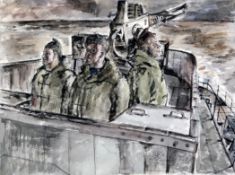 Edward Murphy (1912-1983)ink and watercolour,Sailors on watch beside a Bofors gun,signed and