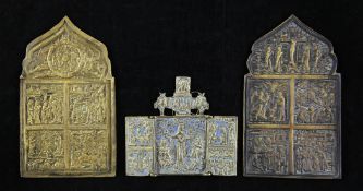 A 19th century Russian blue enamelled cast brass triptych icon, 3.5 x 4in. and two similar icon