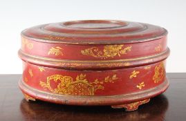 A Chinese red lacquer circular box and cover, 18th century, with gilt decoration of objects, flowers
