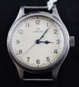 A gentleman`s early 1940`s steel Omega military manual wind wrist watch, with white Arabic dial