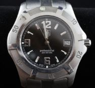 A gentleman`s stainless steel Tag Heuer Professional quartz wrist watch, with black dial, baton