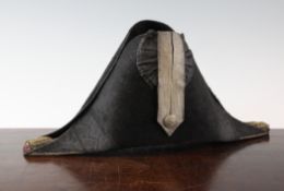 A 19th century Naval bicorn hat, with japanned tin case, 17.5 x 8in.