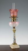 An early 20th century ormolu and champleve enamel oil lamp, with vaseline glass well, with later