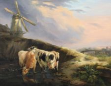 Balthasar-Paul Ommeganck (1755-1826)oil on board,Cattle watering before a windmill,bears signature